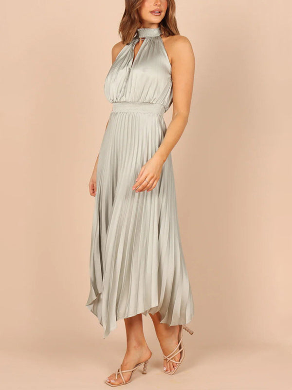 Halterneck Pleated Skirt Dress with Irregular Hem Midi Dresses MyDresses 