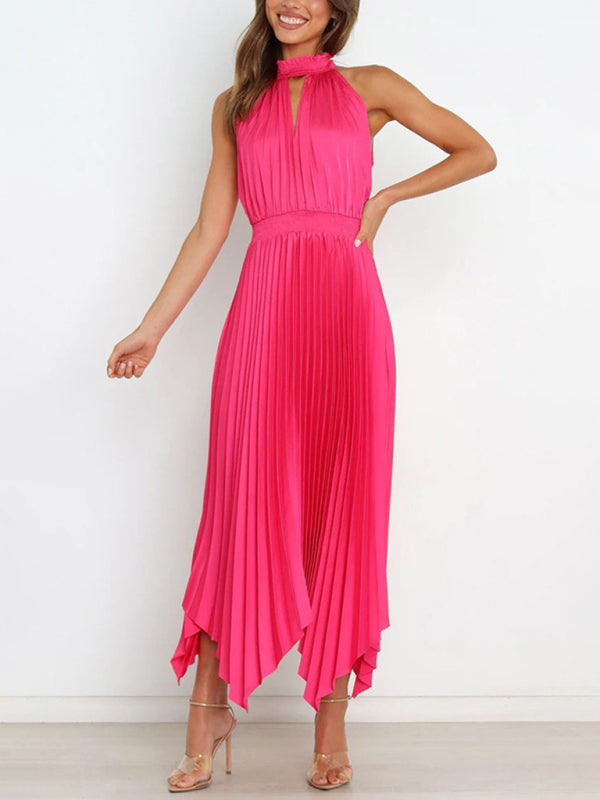 Halterneck Pleated Skirt Dress with Irregular Hem Midi Dresses MyDresses Rose 8 | S 
