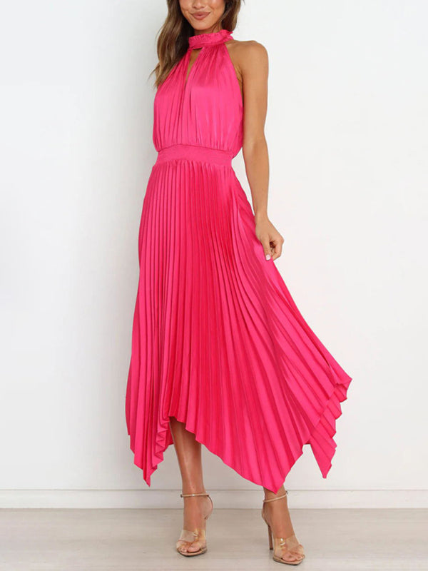 Halterneck Pleated Skirt Dress with Irregular Hem Midi Dresses MyDresses 