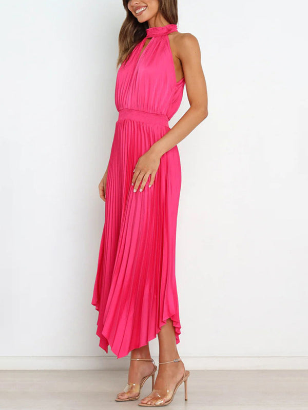 Halterneck Pleated Skirt Dress with Irregular Hem Midi Dresses MyDresses 