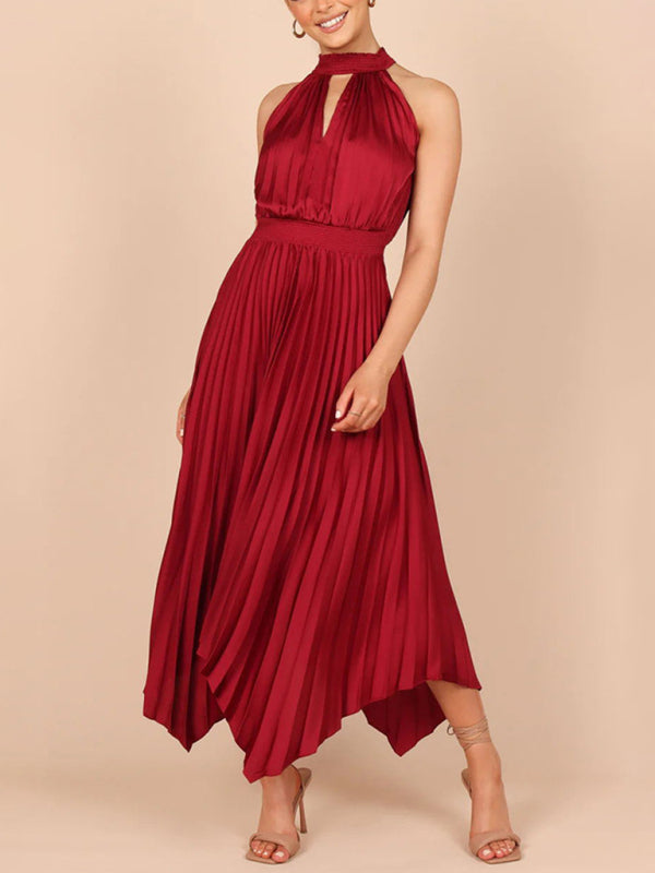 Halterneck Pleated Skirt Dress with Irregular Hem Midi Dresses MyDresses 