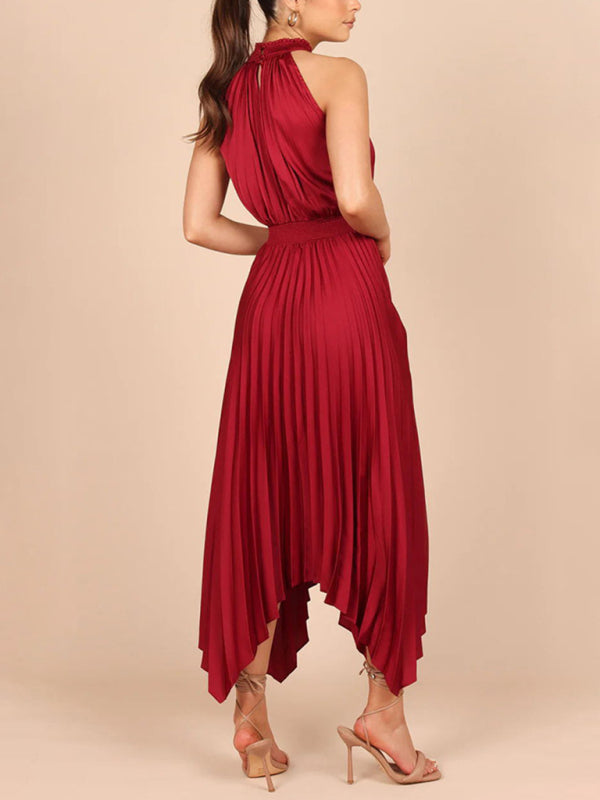 Halterneck Pleated Skirt Dress with Irregular Hem Midi Dresses MyDresses 