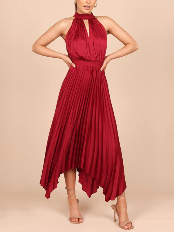 Halterneck Pleated Skirt Dress with Irregular Hem Midi Dresses MyDresses Red 8 | S 
