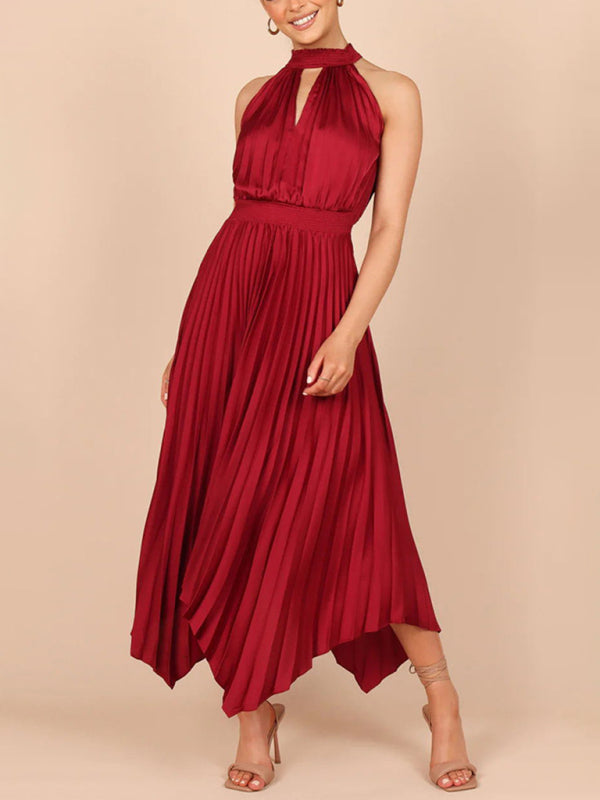 Halterneck Pleated Skirt Dress with Irregular Hem Midi Dresses MyDresses 