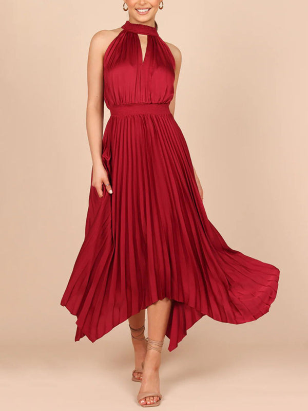 Halterneck Pleated Skirt Dress with Irregular Hem Midi Dresses MyDresses 