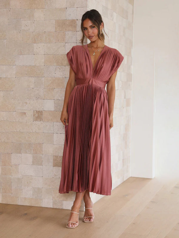 Pleated Midi Dress with Sleeveless V-Neck and Solid Print Midi Dresses MyDresses 