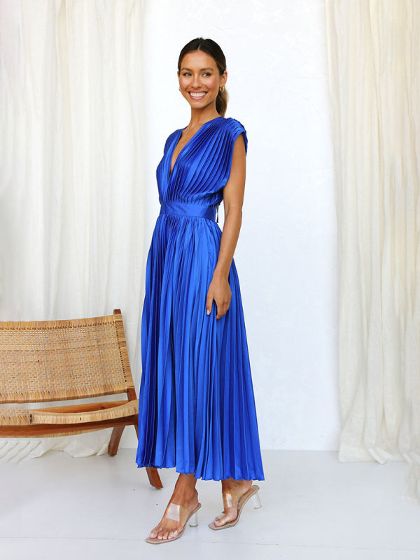 Pleated Midi Dress with Sleeveless V-Neck and Solid Print Midi Dresses MyDresses 