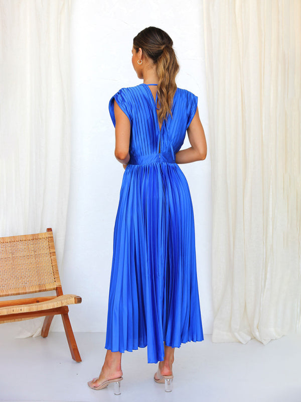 Pleated Midi Dress with Sleeveless V-Neck and Solid Print Midi Dresses MyDresses 