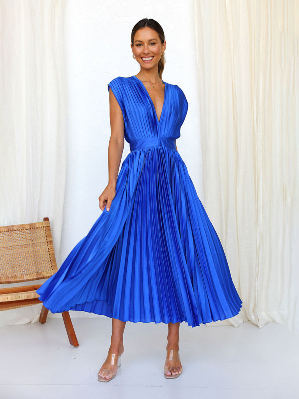 Pleated Midi Dress with Sleeveless V-Neck and Solid Print Midi Dresses MyDresses Blue 8 | S 