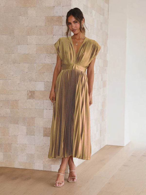 Pleated Midi Dress with Sleeveless V-Neck and Solid Print Midi Dresses MyDresses 
