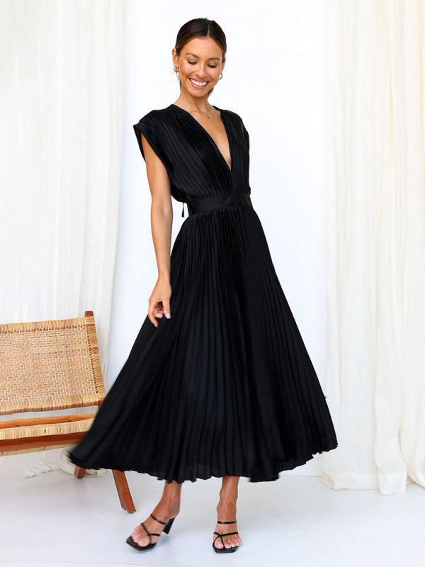 Pleated Midi Dress with Sleeveless V-Neck and Solid Print Midi Dresses MyDresses 