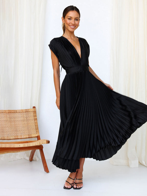 Pleated Midi Dress with Sleeveless V-Neck and Solid Print Midi Dresses MyDresses 