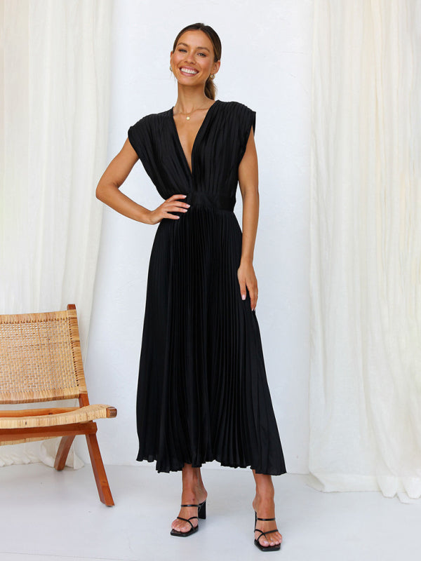 Pleated Midi Dress with Sleeveless V-Neck and Solid Print Midi Dresses MyDresses 