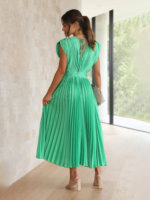 Pleated Midi Dress with Sleeveless V-Neck and Solid Print Midi Dresses MyDresses 