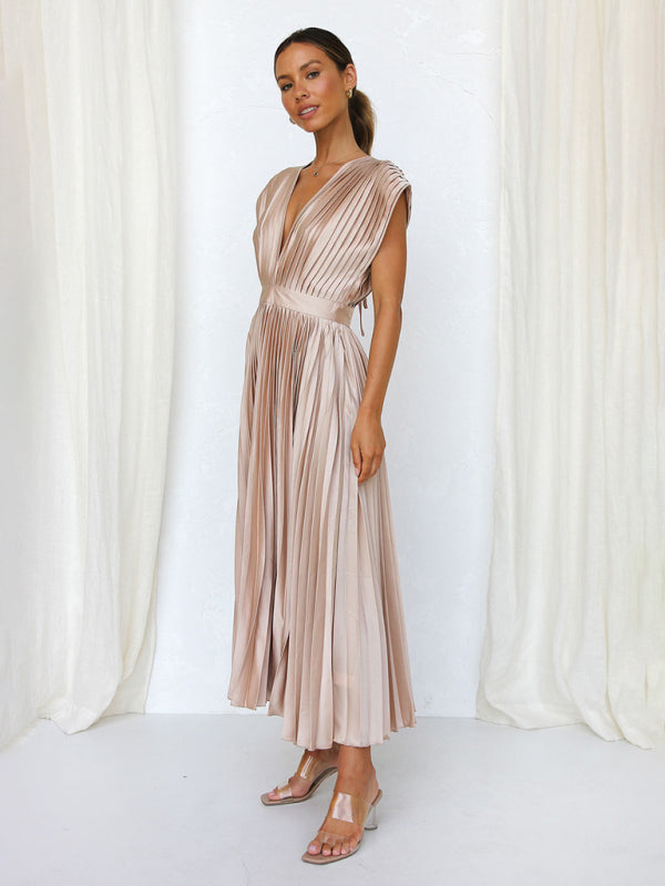 Pleated Midi Dress with Sleeveless V-Neck and Solid Print Midi Dresses MyDresses 