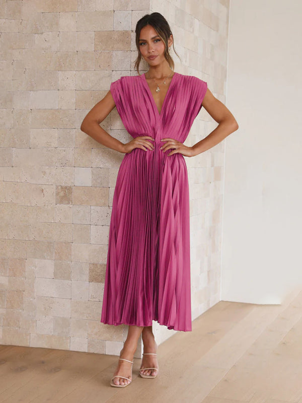 Pleated Midi Dress with Sleeveless V-Neck and Solid Print Midi Dresses MyDresses 