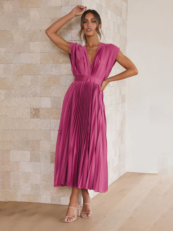 Pleated Midi Dress with Sleeveless V-Neck and Solid Print Midi Dresses MyDresses 