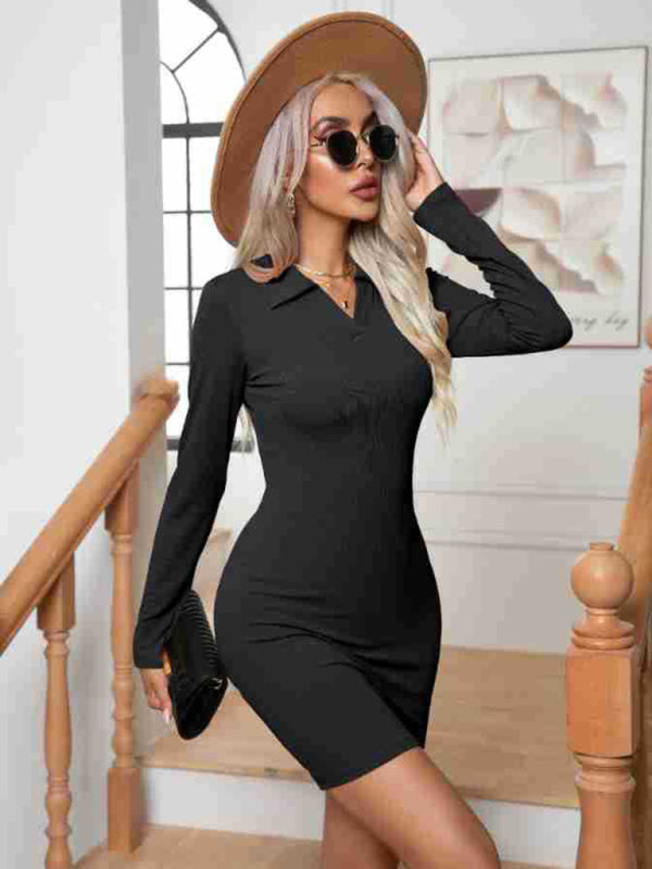 Bodycon Mini Dress with Pit Lapel and Long Sleeves Mini Dresses MyDresses 