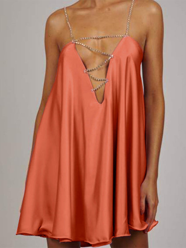 Diamond Chain Strap Mini Dress with Deep V-Neck and Open Back Mini Dresses MyDresses Orange 8 | S 