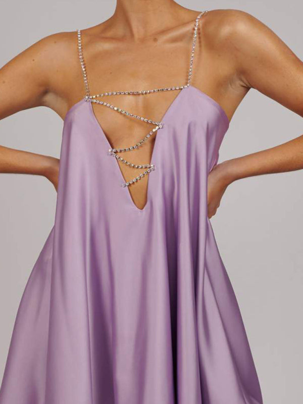Diamond Chain Strap Mini Dress with Deep V-Neck and Open Back Mini Dresses MyDresses 