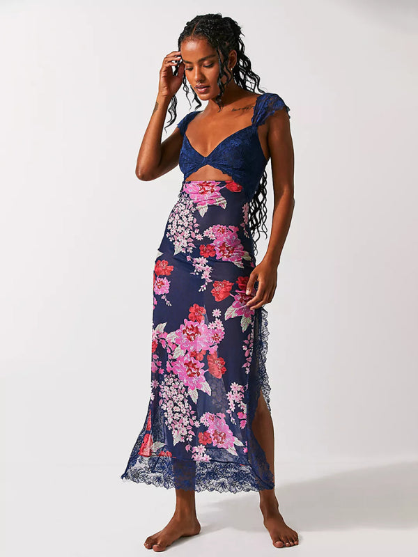 Floral Maxi Dress with Lace Straps and Spliced Slit Maxi Dresses MyDresses Blue 8 | S 