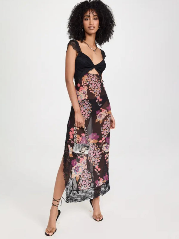 Floral Maxi Dress with Lace Straps and Spliced Slit Maxi Dresses MyDresses 