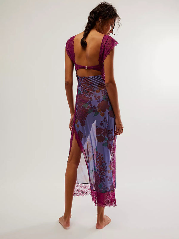 Floral Maxi Dress with Lace Straps and Spliced Slit Maxi Dresses MyDresses 