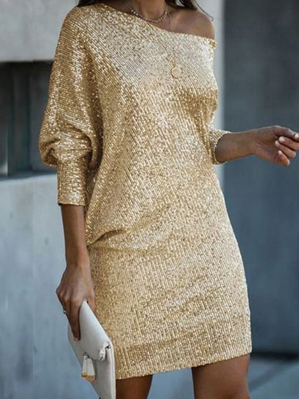 Sequin Mini Dress with Oblique Shoulder and Long Sleeves Group1 MyDresses Gold 8 | S 