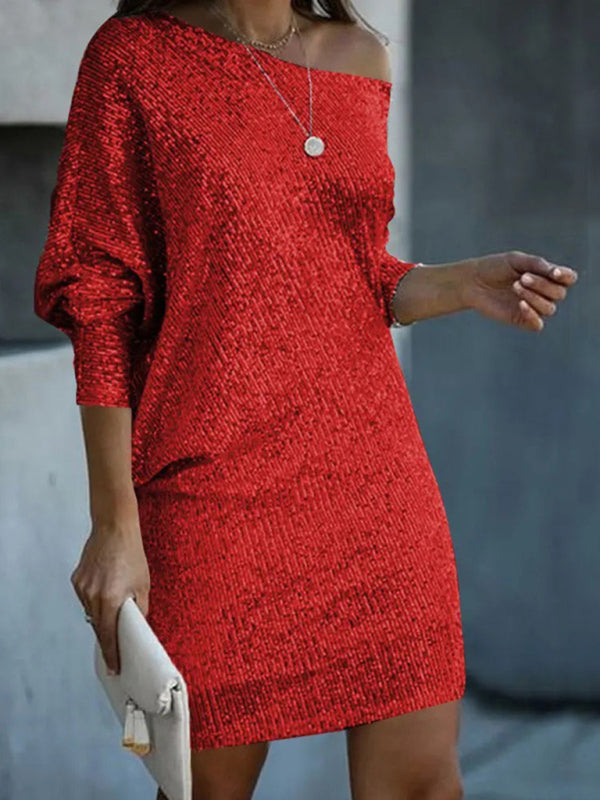Sequin Mini Dress with Oblique Shoulder and Long Sleeves Group1 MyDresses Red 8 | S 
