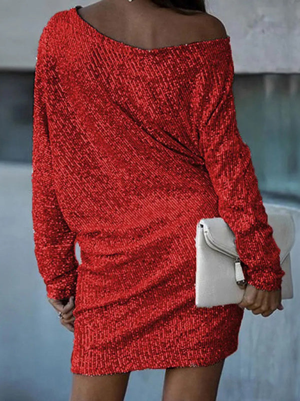 Sequin Mini Dress with Oblique Shoulder and Long Sleeves Group1 MyDresses 