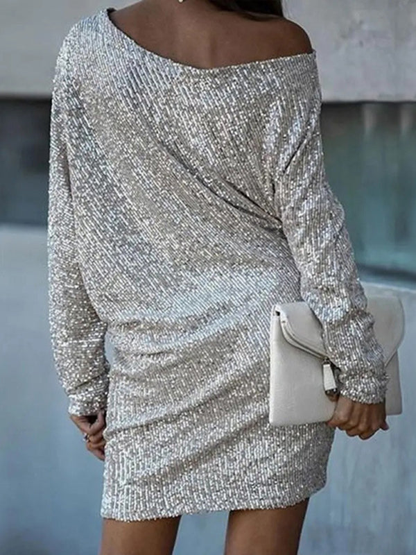 Sequin Mini Dress with Oblique Shoulder and Long Sleeves Group1 MyDresses 