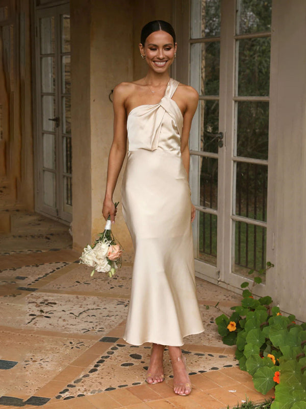 One-Shoulder Maxi Dress with Bow Detail and Satin Finish Maxi Dresses MyDresses Khaki 8 | S 