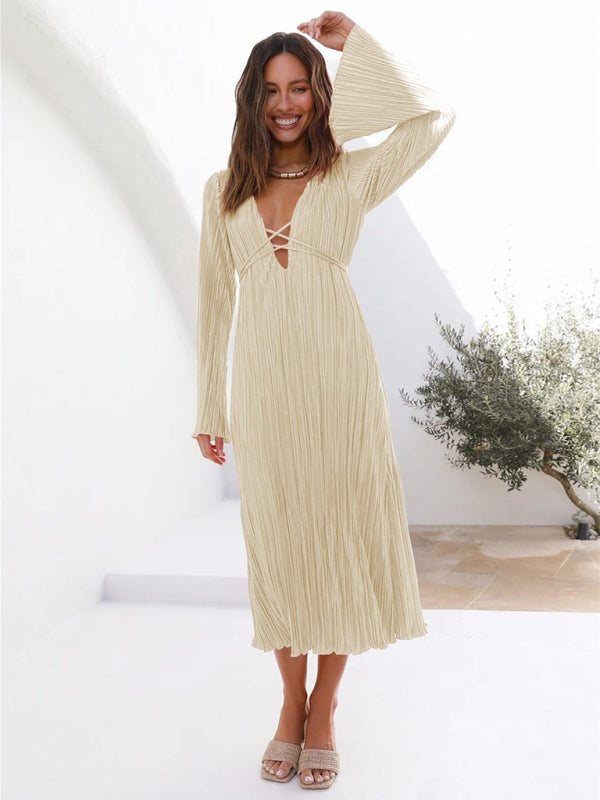 Pleated Midi Dress with Lace-Up Front and Bell Sleeves Midi Dresses MyDresses 