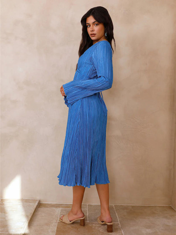 Pleated Midi Dress with Lace-Up Front and Bell Sleeves Midi Dresses MyDresses 