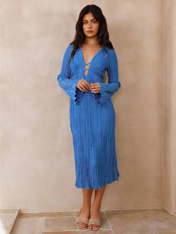 Pleated Midi Dress with Lace-Up Front and Bell Sleeves Midi Dresses MyDresses 