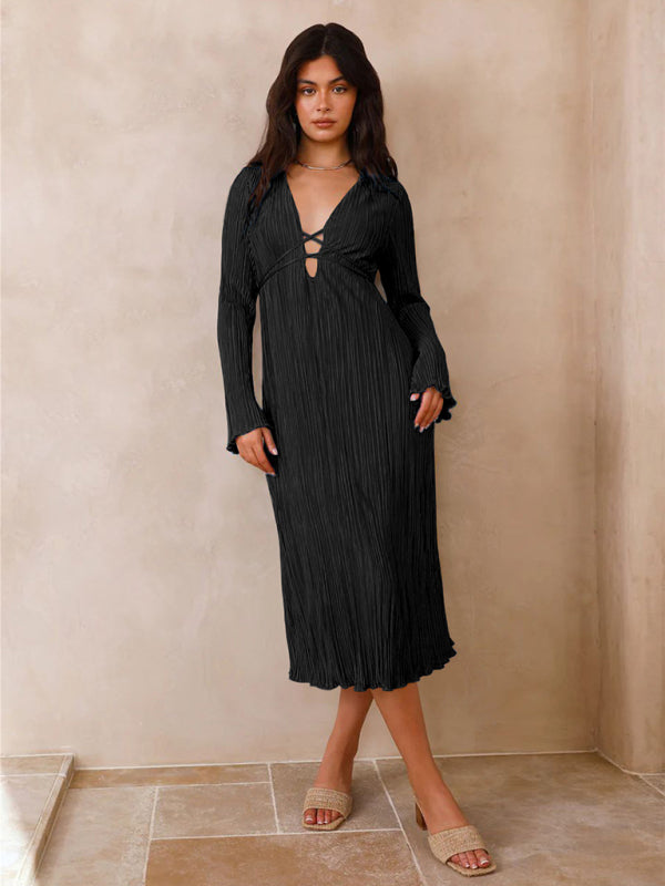 Pleated Midi Dress with Lace-Up Front and Bell Sleeves Midi Dresses MyDresses Black 8 | S 
