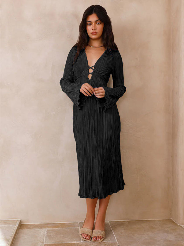 Pleated Midi Dress with Lace-Up Front and Bell Sleeves Midi Dresses MyDresses 