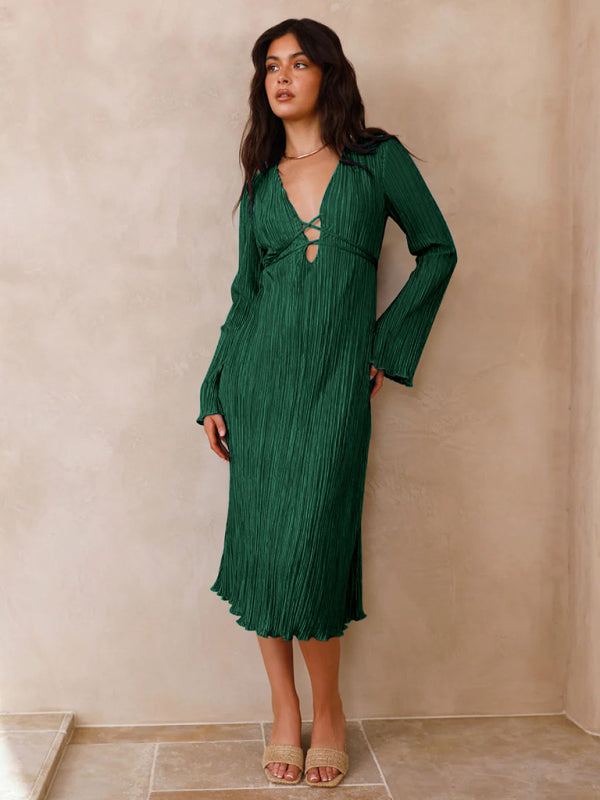 Pleated Midi Dress with Lace-Up Front and Bell Sleeves Midi Dresses MyDresses 