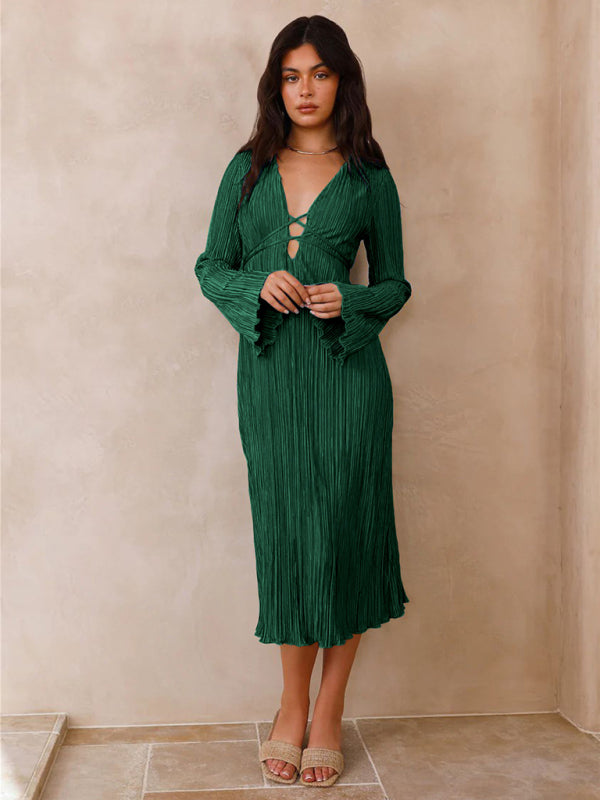 Pleated Midi Dress with Lace-Up Front and Bell Sleeves Midi Dresses MyDresses 