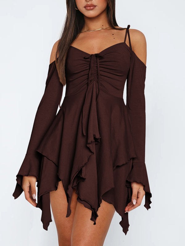 Halter Neck Mini Dress with Ruched Bodice and Asymmetrical Hem Mini Dresses MyDresses Brown 8 | S 