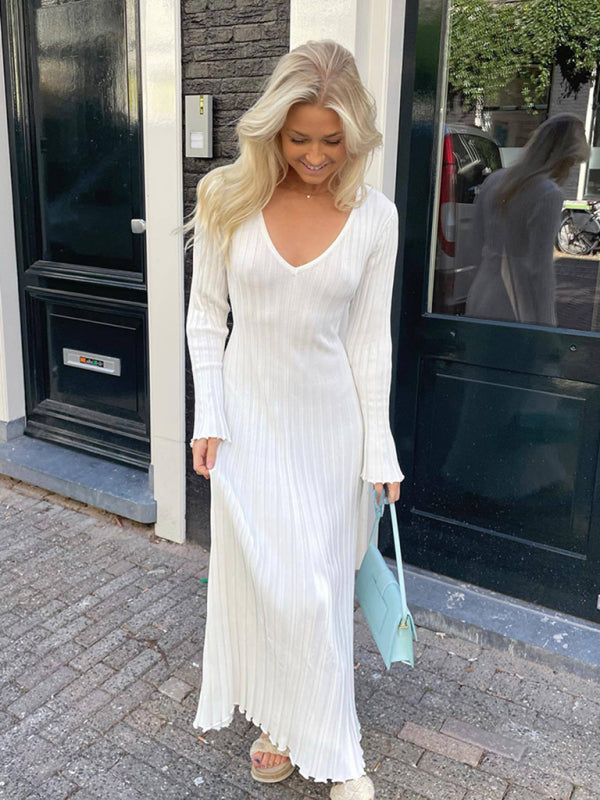 Ribbed Texture Slim Fit Maxi Dress with Bell Sleeves Maxi Dresses MyDresses White 8 | S 