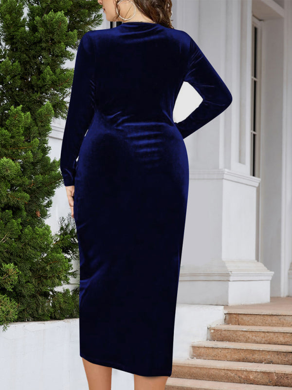 Velvet Bodycon Dress with V-Neck and Wrap Design Midi Dresses MyDresses 