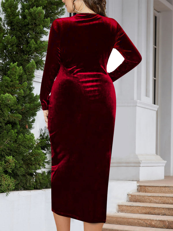 Velvet Bodycon Dress with V-Neck and Wrap Design Midi Dresses MyDresses 