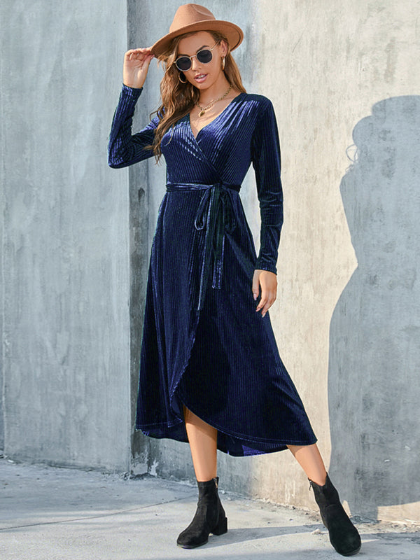 Velvet Wrap Mid-Length Dress with Asymmetrical Hem and Tie Waist Midi Dresses MyDresses 