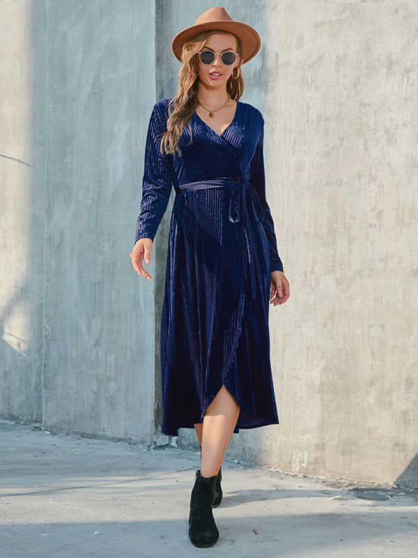 Velvet Wrap Mid-Length Dress with Asymmetrical Hem and Tie Waist Midi Dresses MyDresses Blue 8 | S 