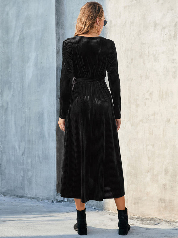 Velvet Wrap Mid-Length Dress with Asymmetrical Hem and Tie Waist Midi Dresses MyDresses 