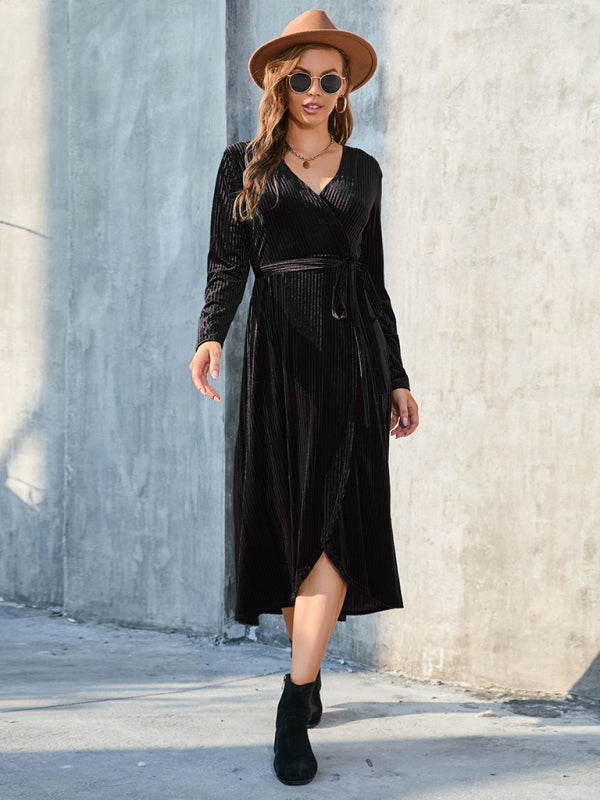 Velvet Wrap Mid-Length Dress with Asymmetrical Hem and Tie Waist Midi Dresses MyDresses Black 8 | S 