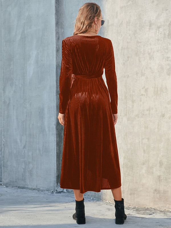 Velvet Wrap Mid-Length Dress with Asymmetrical Hem and Tie Waist Midi Dresses MyDresses 