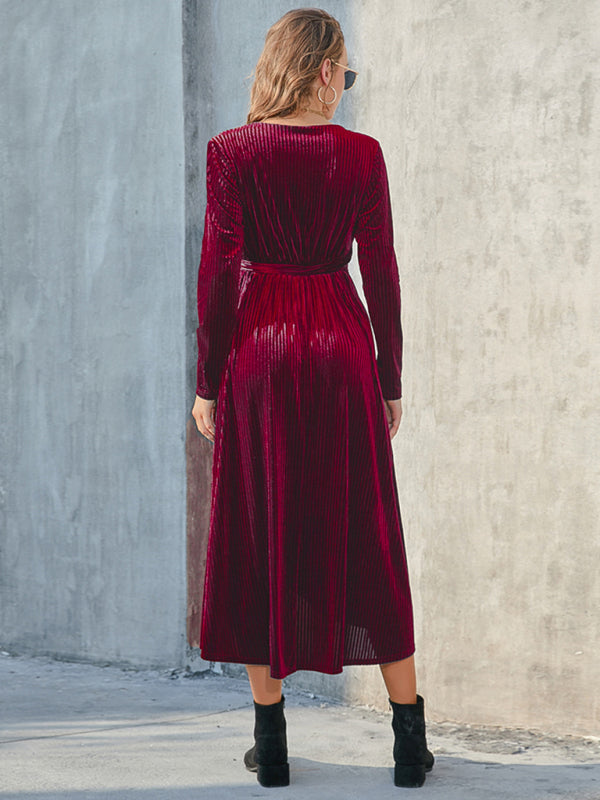 Velvet Wrap Mid-Length Dress with Asymmetrical Hem and Tie Waist Midi Dresses MyDresses 