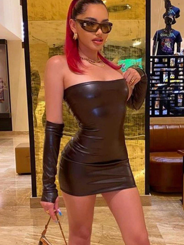 PU Tube Top Mini Dress with Long Sleeves and Bodycon Fit Mini Dresses MyDresses 